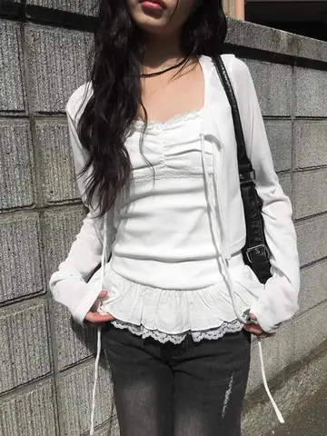 Koreański zestaw dwuczęściowy: top na ramiączkach z paskiem i kardigan w stylu Gentle Wind, mieszanka bawełny ort Sve