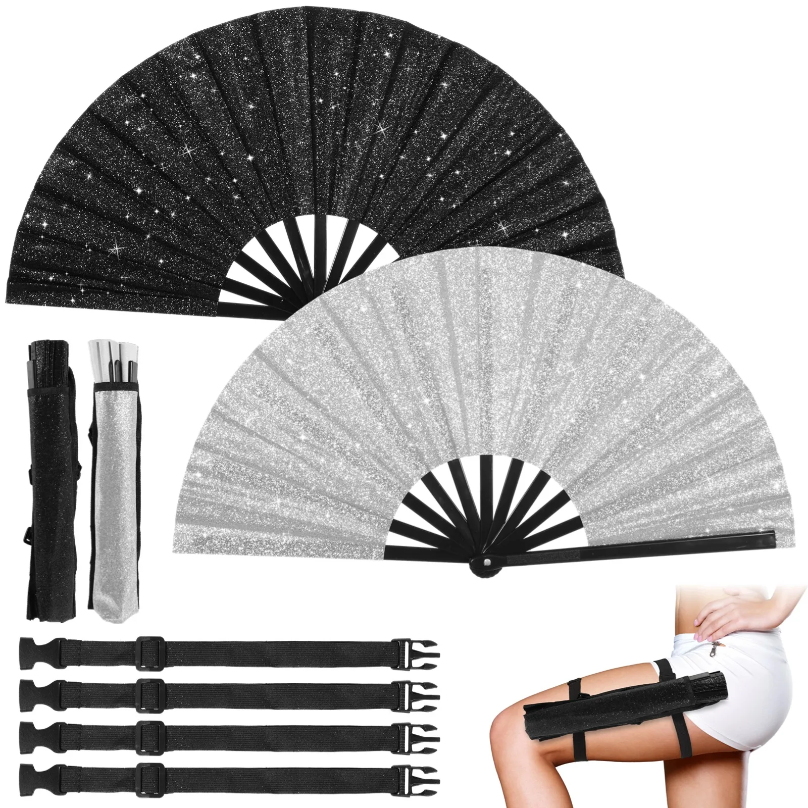 2Pcs Glitter Rave Fans Black Glitter Large Rave Folding Hand Fan Clack Handheld Fan With Holster Silver Sparkling Festival Fan