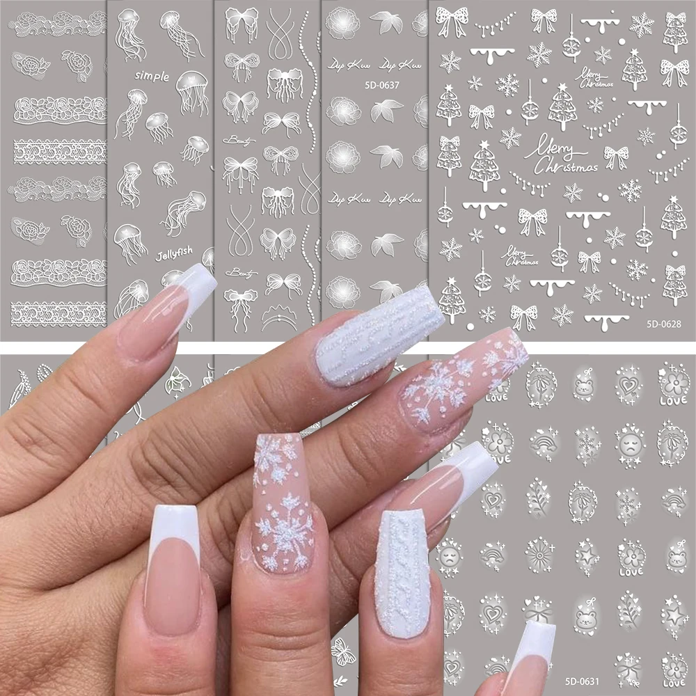 5D encaje blanco en relieve Navidad Nail Art pegatina copo de nieve árbol de Navidad calcomanías de uñas 10X8cm flor Bowknot pegatinas para uñas
