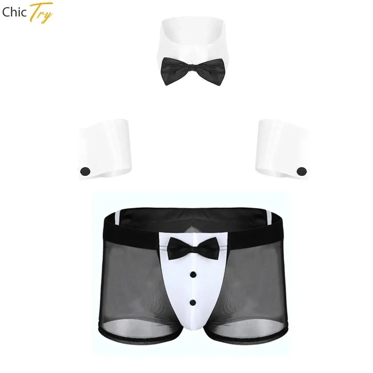 Men Cosplay Sexy Lingerie Set Waiter Stage Dancer Costumes Sexy Leather Crotchless Underwear Role Play Uniforms Nightclub Outfit