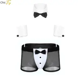 Conjunto de lencería Sexy para hombre, disfraces de bailarina de escenario de camarero, ropa interior de cuero sin entrepierna, uniformes de juego de rol, traje de club nocturno