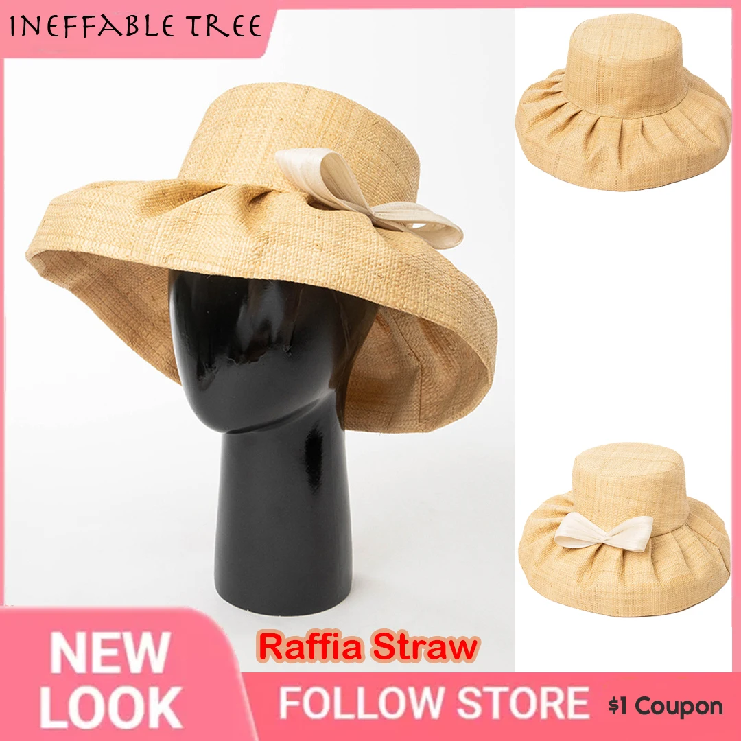 

Французские женские солнцезащитные шляпы из рафии с бантом, плиссированным краем, летние пляжные кепки, элегантные шляпы во французском стиле для защиты от солнца, сомбреро