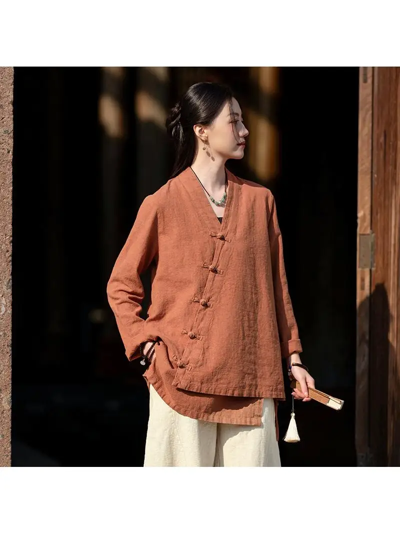 

Handmade Cotton Linen Women's irt V-Ne Side Button Long Sve Outerwear Knot Tied Jaet Traditional Chinese Zen Sle