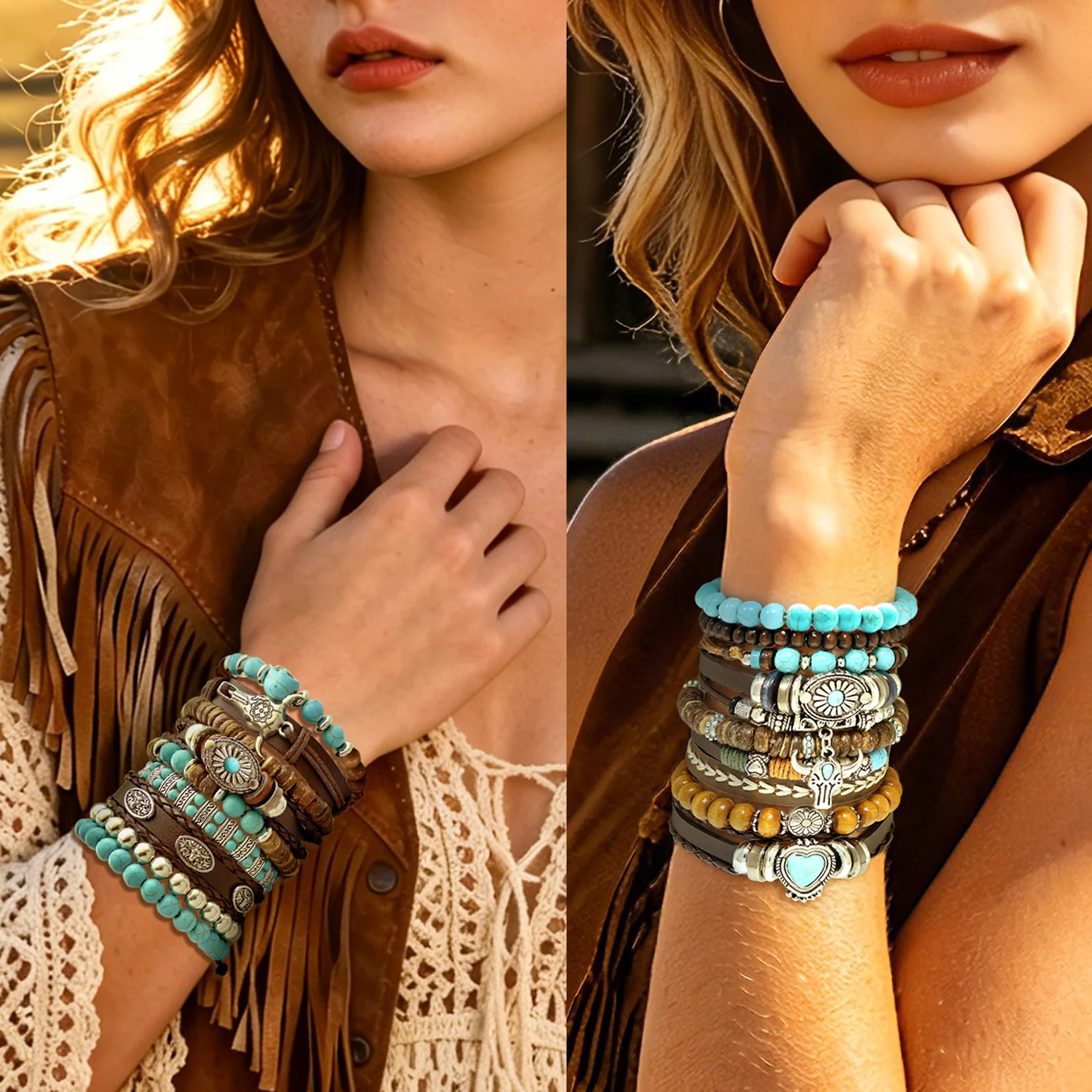 Bull Head Pendant Leather Beaded Bracelet For Women Men Western Cowboy Jewelry Bohemia Ethnic Elastic Stackable Multilayer Bangl