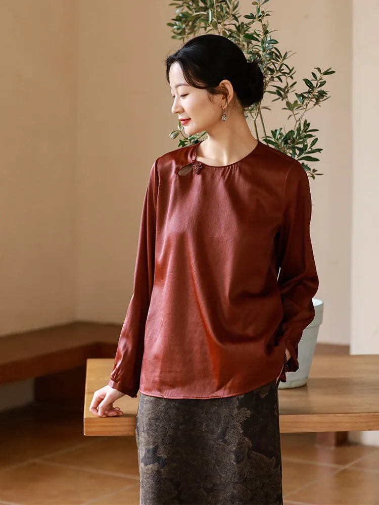 

Limited Edition Original Red Cloud Silk irt Women's Base Layer Blouse round Ne Long Sve Straight Cut Commute Sle