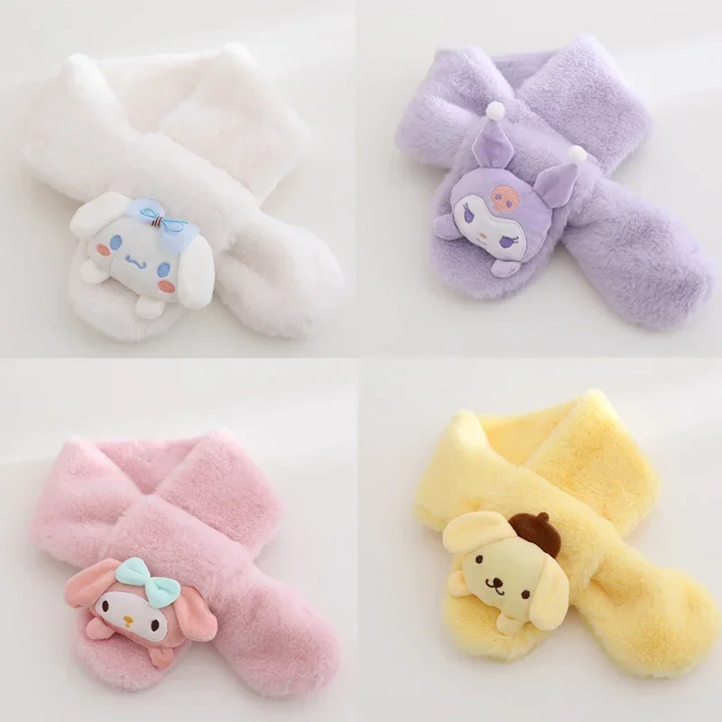 Kawaii Sanrio Kuromi Plush Scarf Cartoon Cinnamoroll Melody Pompompurin Soft Girl Plushie Thickened Kid Scarves Christmas Gift