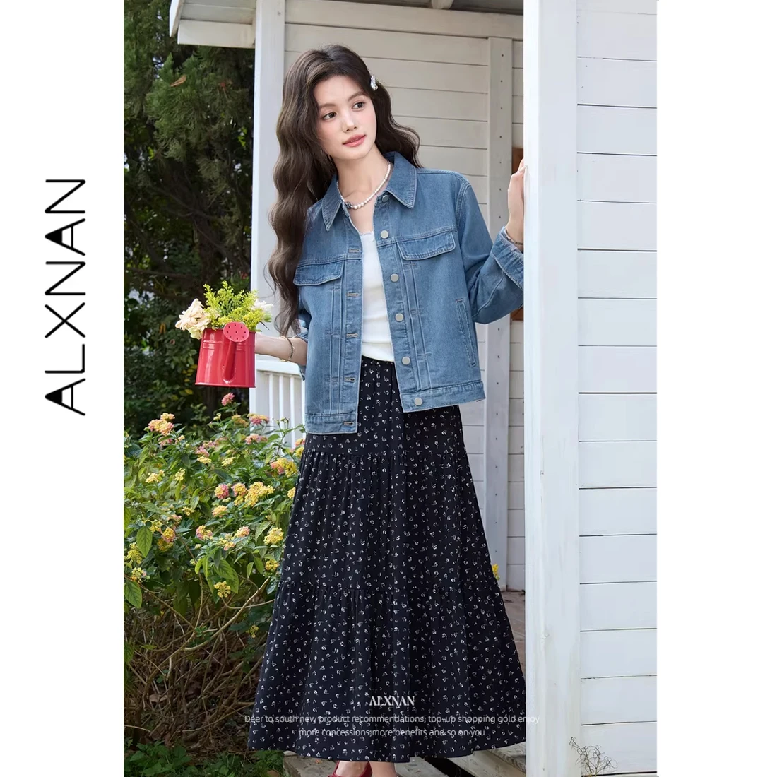 ALXNAN Blue Denim Short Coat Spring Elegant Fashiona Casual Loose Fit Coats Vintage Multi-pocket Design Female Jackets L62029