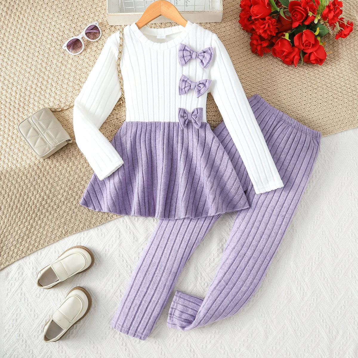 2Pcs Autumn Winter Big Girls Outfit,3D Bow Decor Ribbed Skirted Long Sleeve Top & Purple Vertical Stripe Pants,Elegant Sweet Kid