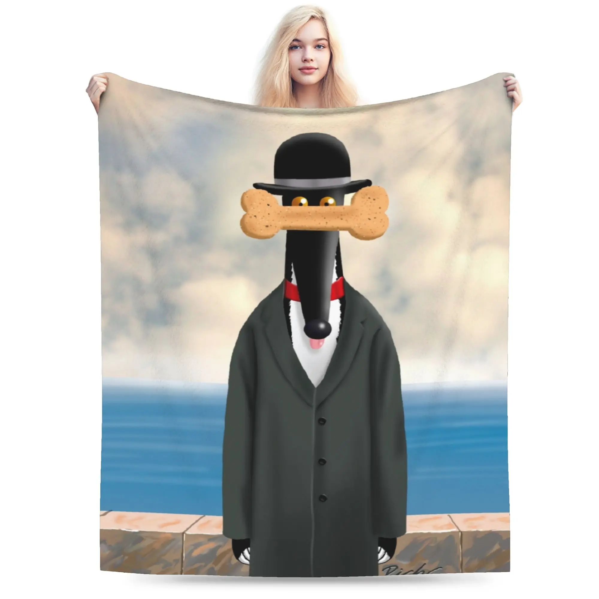 Custom Rene Magreytte Greyhound Blanket 3D Print Soft Flannel Fleece Warm Whippet Hound Lover for Car Bedroom Couch Quilt