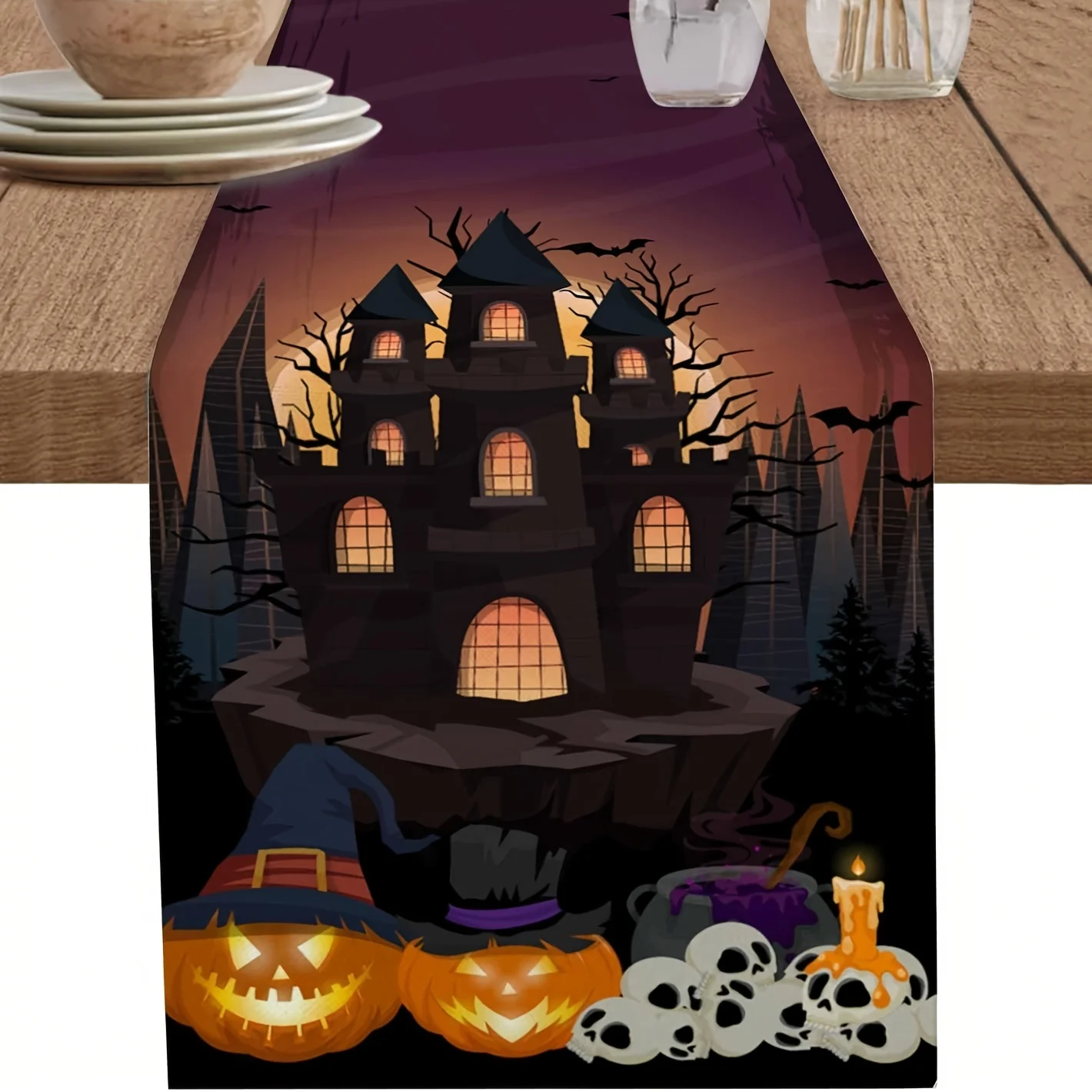 

1Pc Halloween Theme Table Flag, Towel Forest Bat Castle Pattern, Suitable for Party, Restaurant, Home, Market, Holiday Decoration Scene.