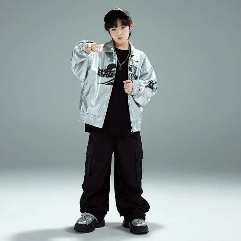 Mädchen Hip Hop Tanzen Performance Outfits Jungen Silber Jacke Street Wear Kpop Show Sets Gruppe Jazz Dance Kostüme Mantel Hosen