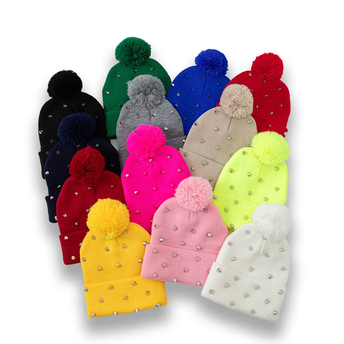 Women Spiked Studded Pom Pom Knit Beanie Hat  Winter Hat Rivet Punk Y2K Aesthetic Winter Warm Cuffed Ushanka Skull Cap