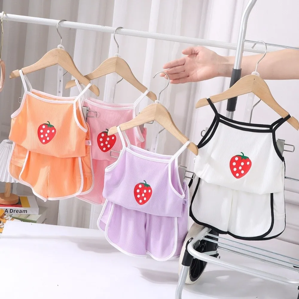 Breathable Strawberry Printing Toddler Clothes Suit Soft Cotton Tops+Shorts 2-Piece Set Loungewear Girl