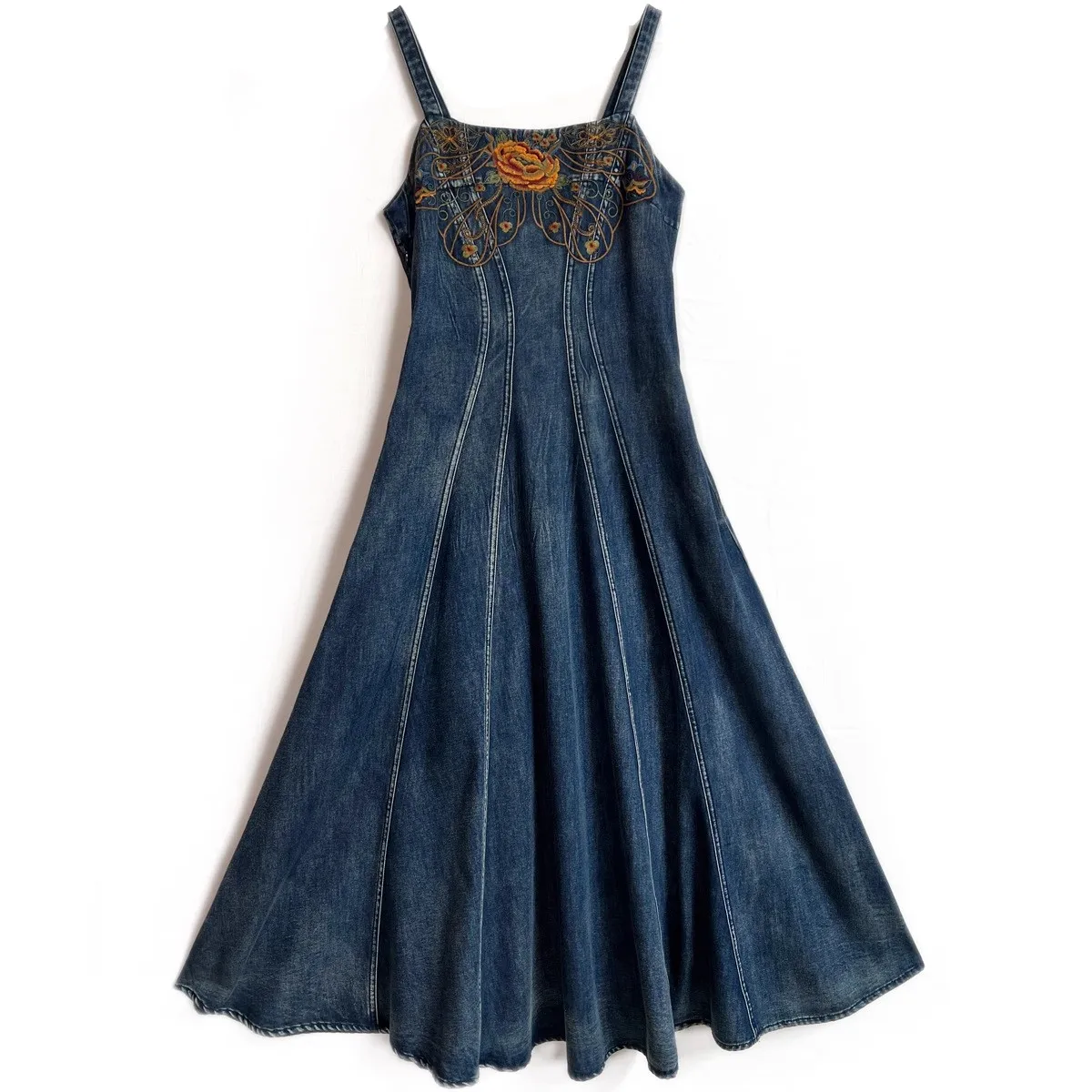 Imagem -03 - Tiyihailey-vestido sem Mangas Bordado Estilo Chinês Vintage Feminino Vestido Jeans de Meia Panturrilha Longo M3xl Novo 2023