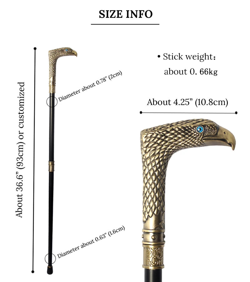 Bronze Eagle Head Curved Handle Walking Cane Detachable Vintage Walking Stick Cosplay Party Prop for Men Women
