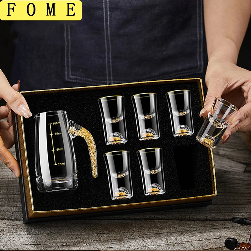 

2/7pcs Crystal Glass Short Cup Gift Box Set Lead Free Liquor Glass With Wine Dispenser Golden Vodka Brandy Wine Glasses Soju Cup