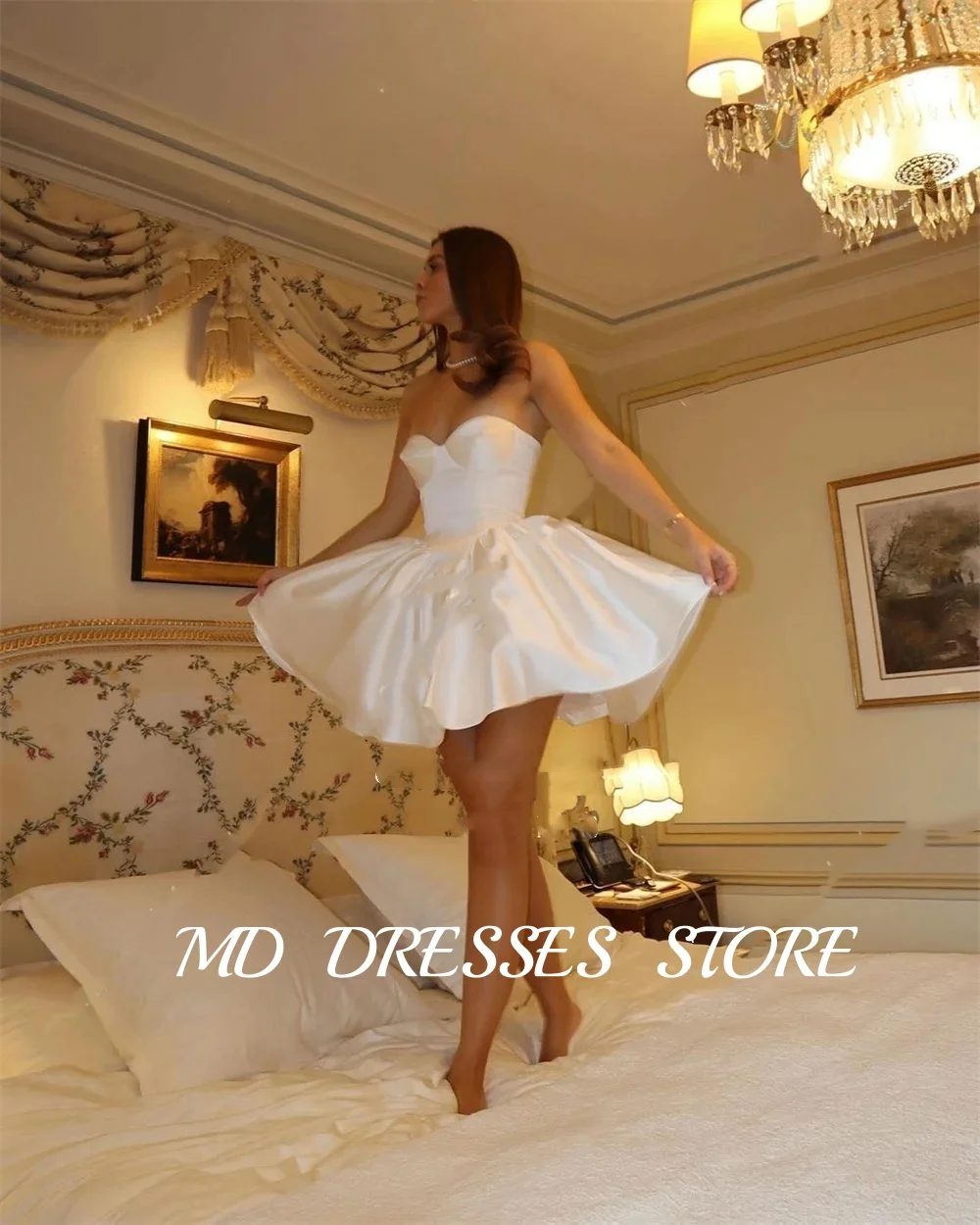 MD-カスタマイズされたサテンのウェディングドレス,台形,ノースリーブ,セクシー,ハート,膝上,ショート,モダン,2025