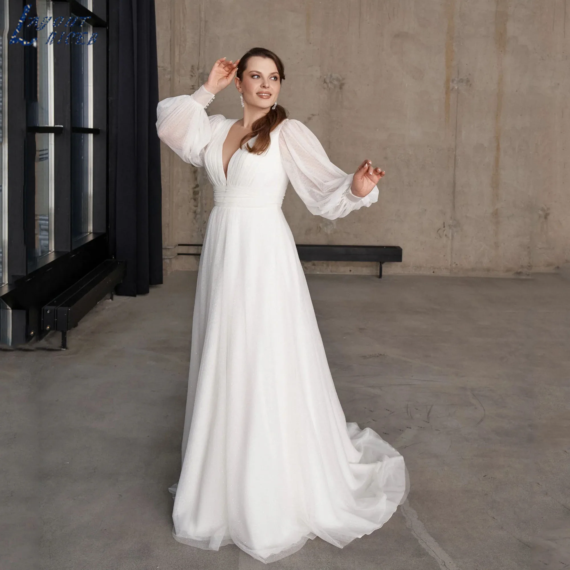 

LAYOUT NICEB Plus Size Wedding Dress Long Puff Sleeves V-Neck Bride Gown Simple A-Line Glitter Tulle vestido de novia Customized