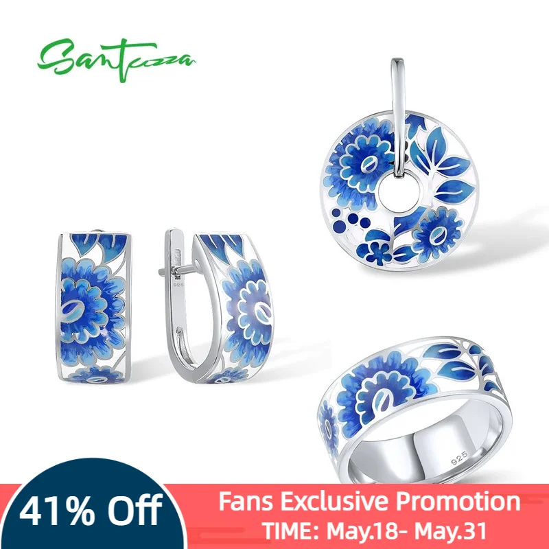 

SANTUZZA 925 Sterling Silver Jewelry Set for Women Blue Flower Enamel Earrings Ring Pendant Set Trendy Fine Jewelry Handmade