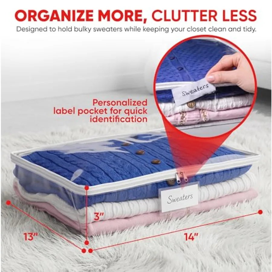 Clear s 2-Pack Zippered Vinyl Organizers with Label Pocket, Durable Dustproof Clothing Storage for Sweaters, Blankets, Linens,