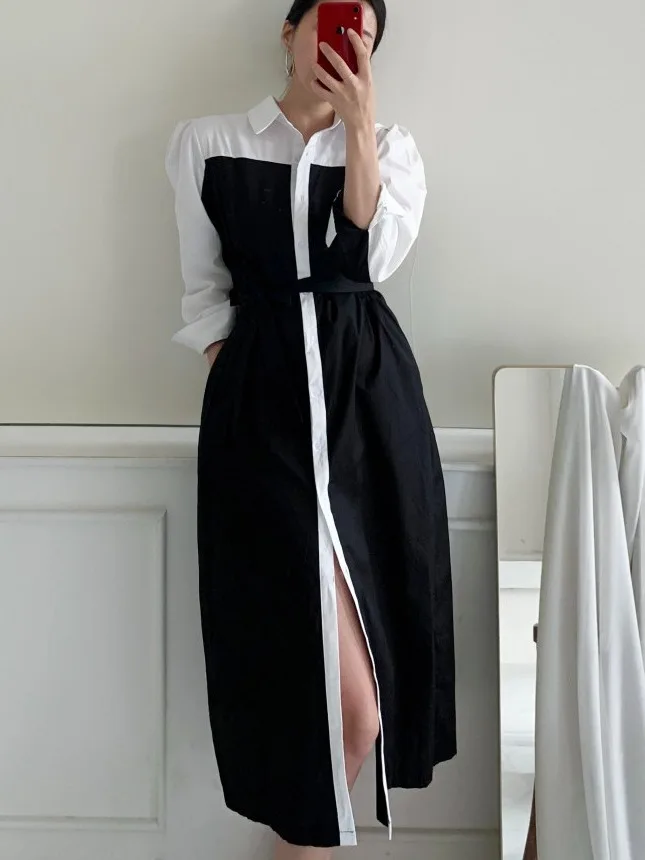 Chic retrò colletto rovesciato bottone singolo colore sangue design cintura in vita bolla Sve Dr Faion da donna per pendolari Sle