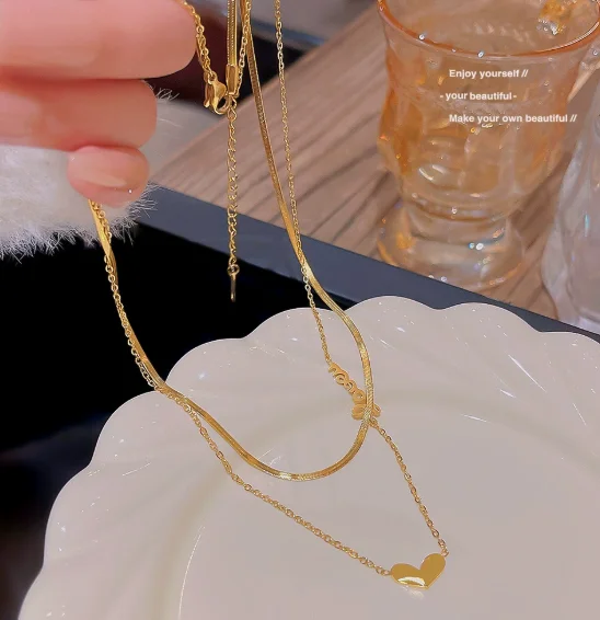 

Gold Layered Necklaces for Women - Dainty 18K Gold Plated Snake Chain Heart Pendant Necklace, Waterproof Stainless Steel Minimal