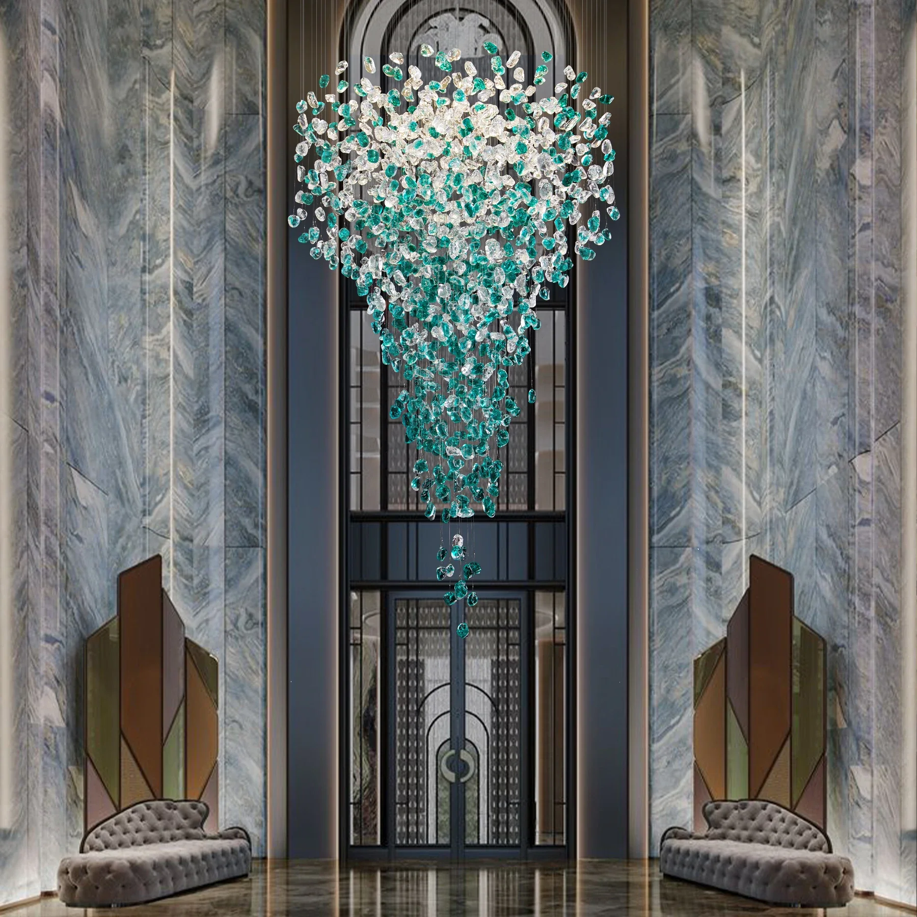 

Luxury Large Green Crystal Stone Chandelier for Lobby Loft Staircase Project Modern LED Color Crystal Hanging Chandelier Custom