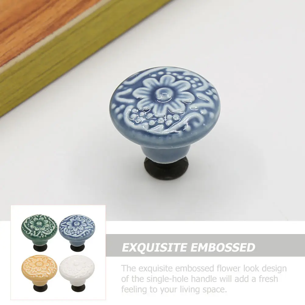 4Pcs Premium Ceramic Cabinet Pull Handle Exquisite Embossed Flower Pattern Smooth Finish for Drawers Wardrobe Doors Kitchen