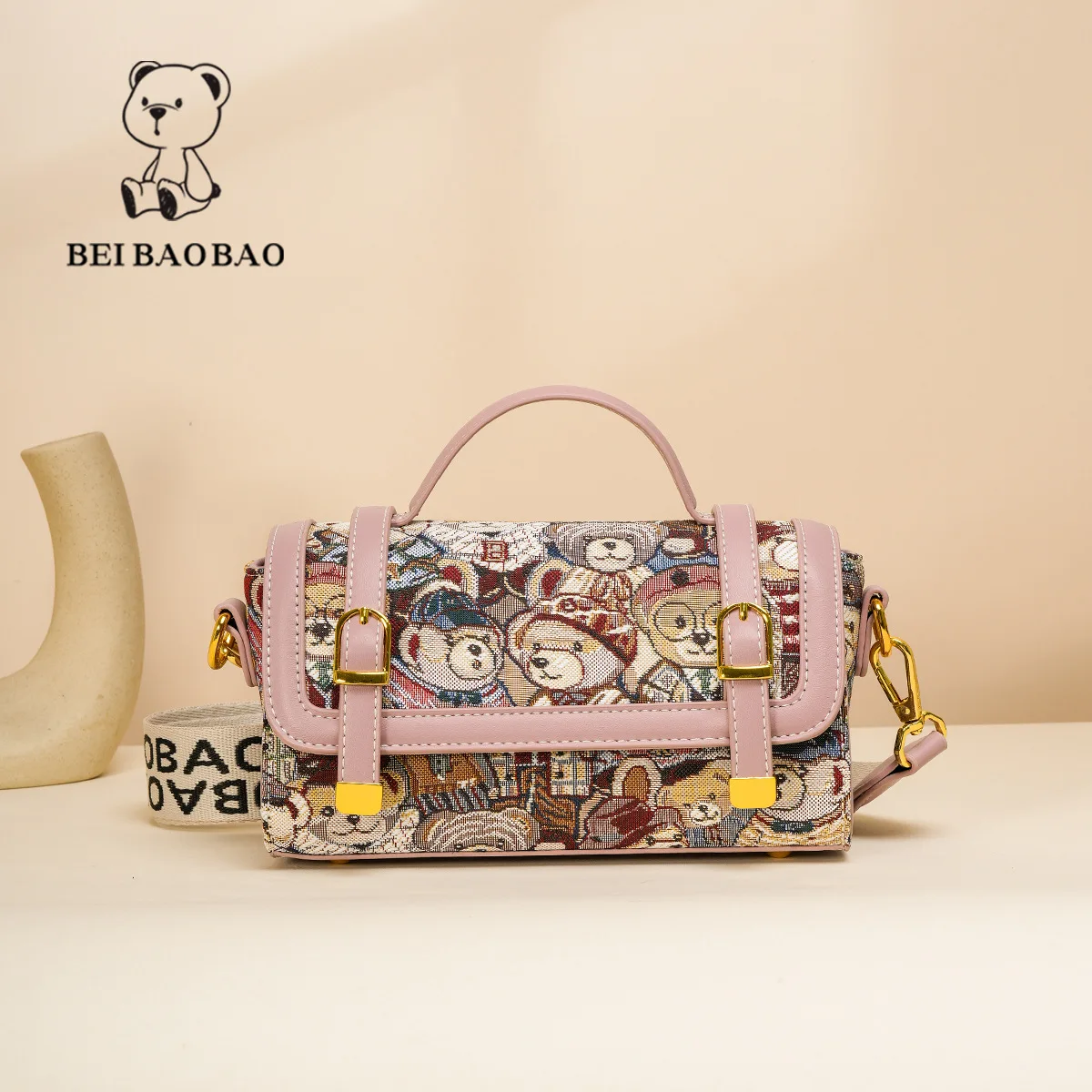 Beibaobao 2024 Summer New Women\'s Bag Cartoon Little Bear Canvas Bag Small Elegance Handbag Single Shoulder Crossbody Bag