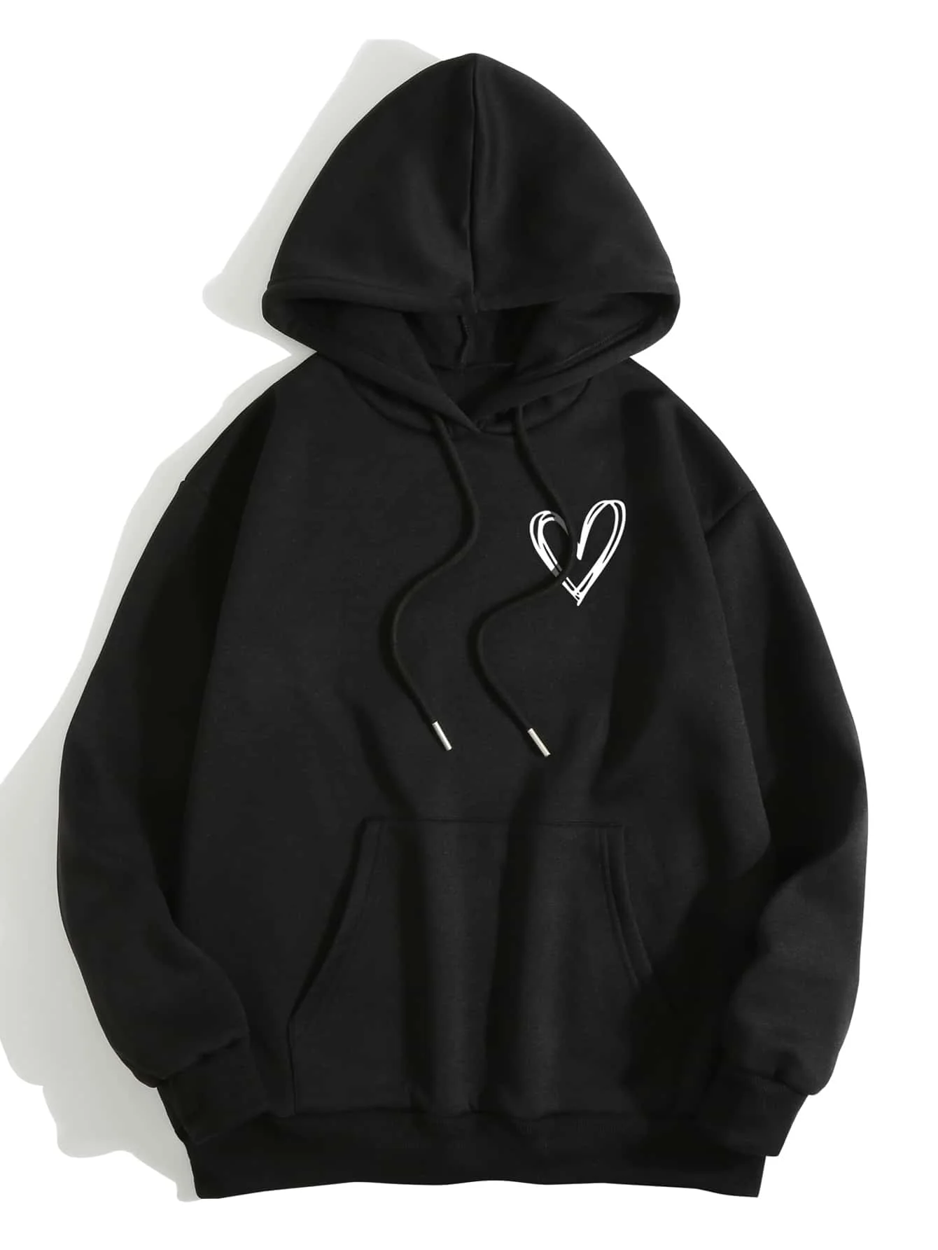 

Black Oversized Hoodie with White Heart Outline Print, Long Sleeve Pullover for Fall Casual Wear