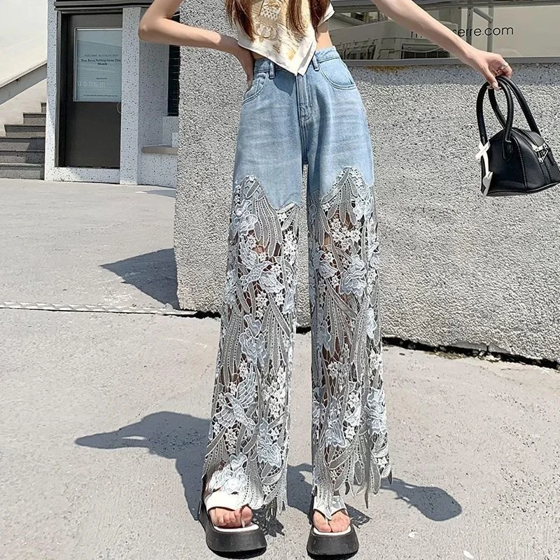 

Lace Hollow Out Wide Leg Pants 2023 New Fashion Streetwear High Waist Jeans Denim Pants Women's Loose Straight Trousers