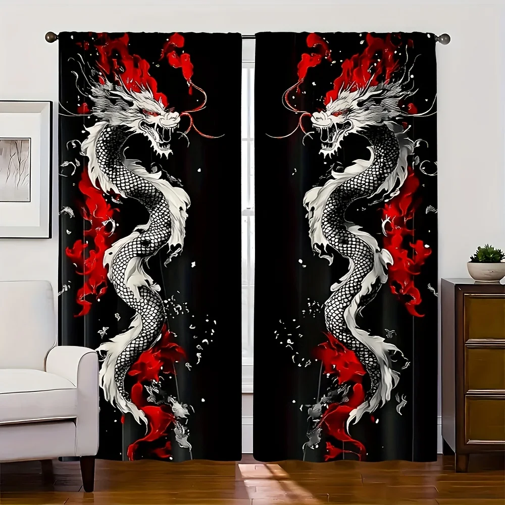 2pc Japanese Anime Dragon Black Curtains – Rod Pocket, Modern Style for Bedroom & More – Holiday Party Decor