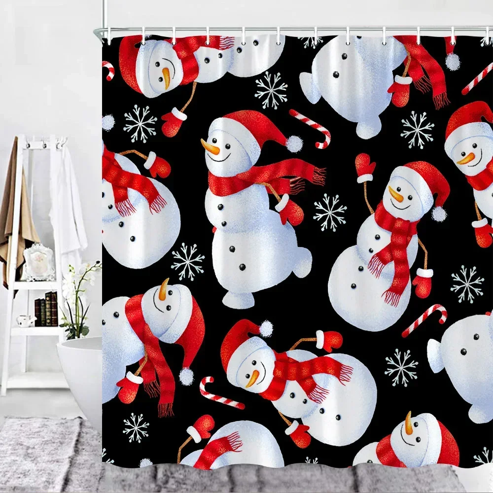 Christmas Texture Shower Curtain Set Snowmen Snowflakes Black Background Bathroom Curtains Xmas New Year Decor Fabric Cloth Hook