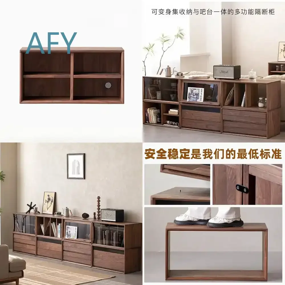 Black Walnut Solid Wood Modular TV Cabinet for Living Room Floor to Ceiling Bookcase Display Locker Free Combination Low