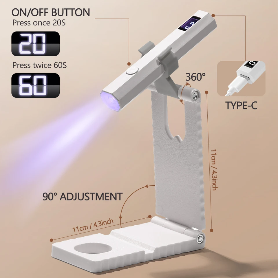 Lámpara LED UV para uñas con soporte, luz UV portátil con pantalla LCD, recargable por USB, secadora de uñas de curado rápido 4
