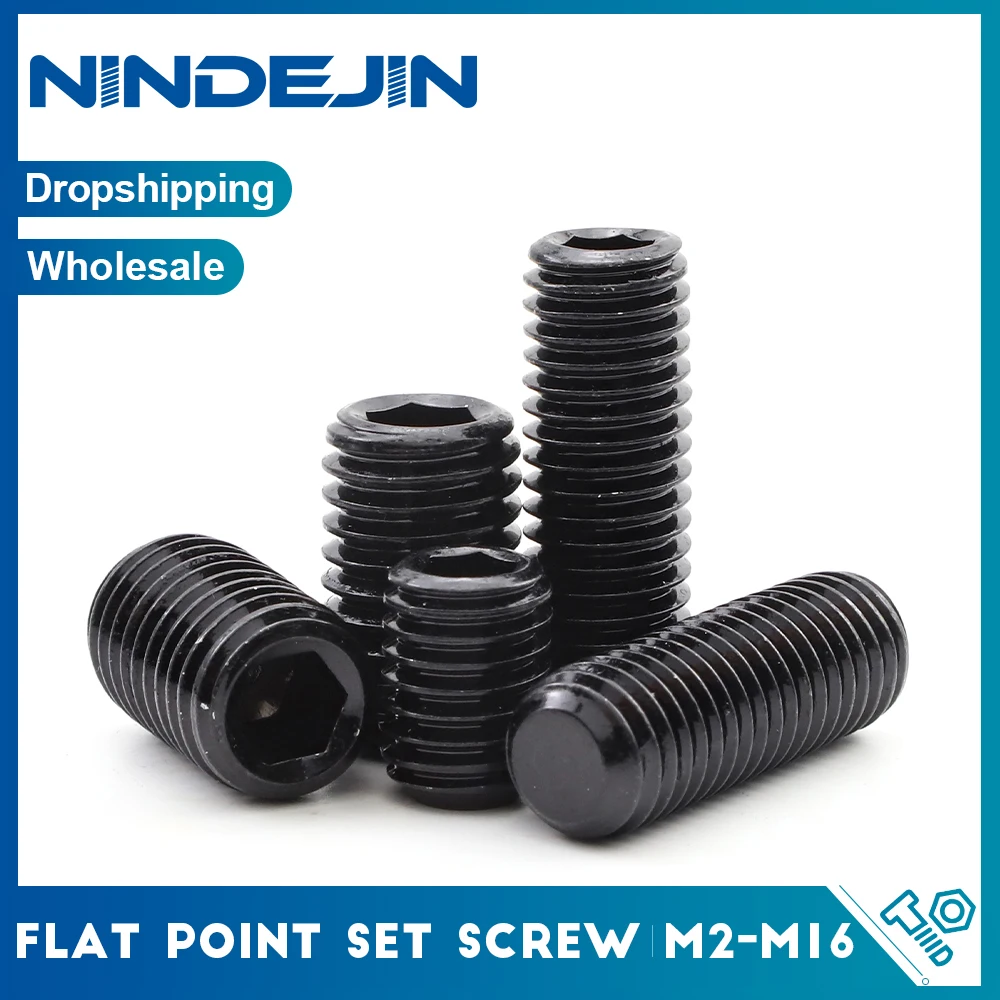 NINDEJIN Flat Point Socket Set Screw M2-M12 12.9 Carbon Steel Flat-Tip Hexagon Socket Grub Screws Headless for Door Knob