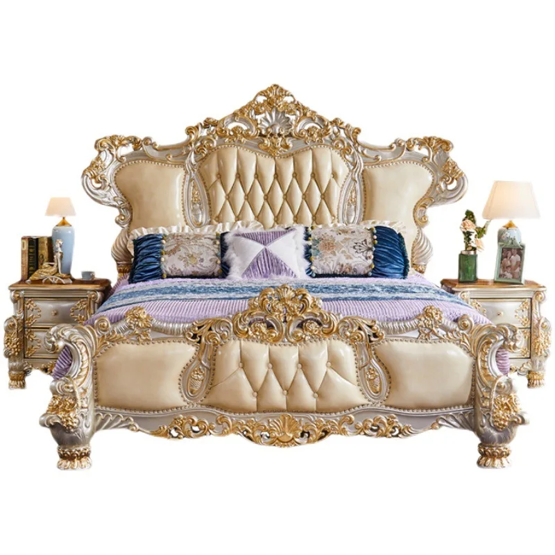 European-style leather, all solid wood double, oak bed wedding bed villa, high-end luxury in Europe and America