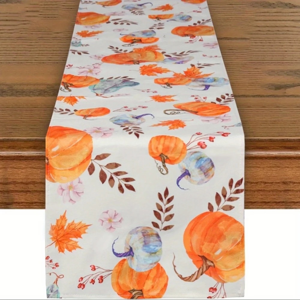 1pc Watercolor Pumpkin & Maple Leaf Fall Table Runner - Farmhouse Thanksgiving Halloween Decor - Autumnthemed Design