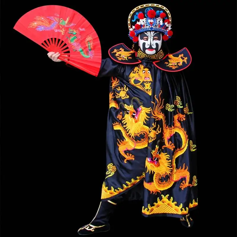 Traditional Chinese Sichuan Opera Face Changing Costume Black Golden Dragon Embroidery Full Set with Headgear Boots Fan view 3