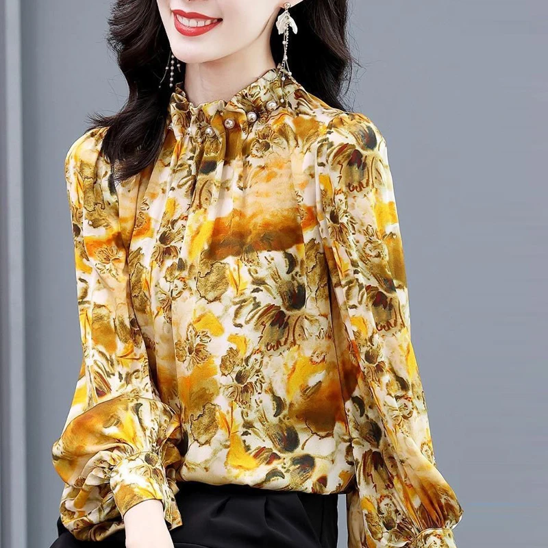 Women\'s High Quality Satin Ruffled Beaded Elegant Blouse Female Vintage Fashion Floral Print Shirt Long Sleeve Loose Tops Blusas