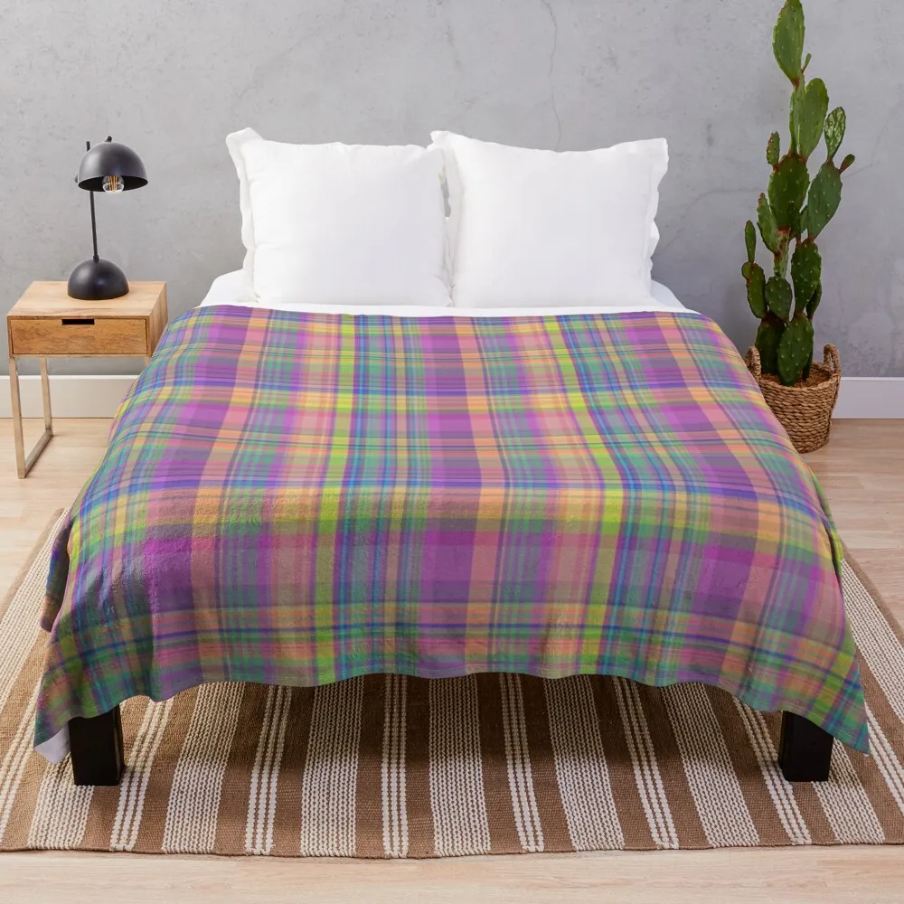 

Madras Plaid Fabric in Soft Vibrant Pastels Throw Blanket Summer Beddings Hairy warm winter Blankets