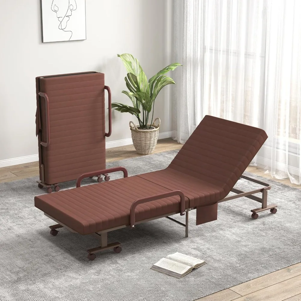 سرير قابل للطي مع مرتبة، سرير ضيوف محمول مع 6 أوضاع قابلة للتعديل وجيب تخزين جانبي، قابل للطي على عجلات لـ H