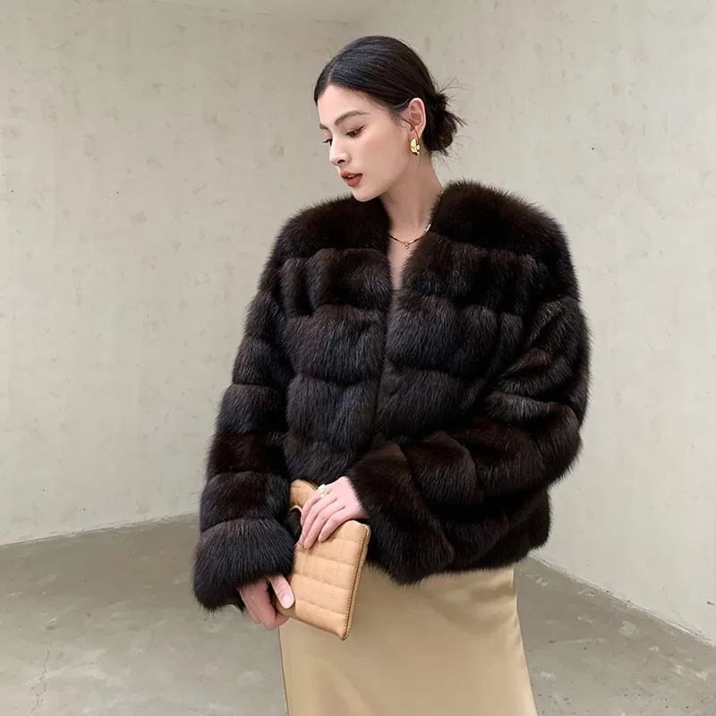 여성용 가죽 코트 보라색 혼합 모피 코트 짧고 가벼운 스타일