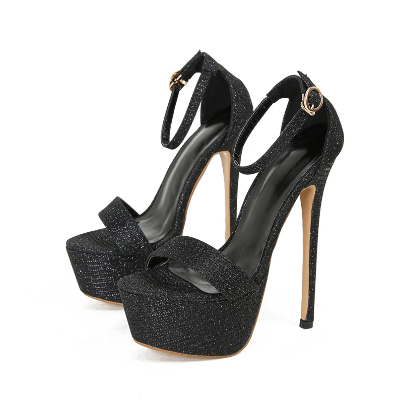 Super High Heels 17CM Buckle Ladies Party Shoes 2025 Summer Black Sequined Cloth Fashion Platform Open Toe Wedding Women Sandals image 4