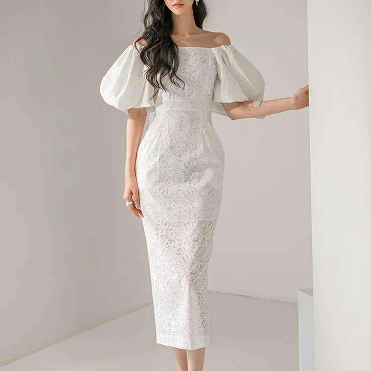 Temperament One line Neck White Lace Long Dress Women's Summer New Lantern Sleeves Waist Up Slim Fitting Pencil Dresses Elegant