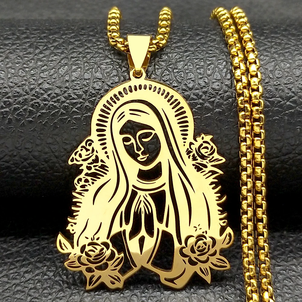 Guadalupe Jungfrau Maria Blume Kette Für Frauen Männer Edelstahl Silber Farbe Unsere Liebe Frau Mutter Katholischen Anhänger Halsketten Schmuck – Detail 4