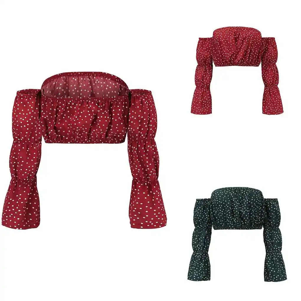 المرأة دوت طباعة قبالة الكتف المحاصيل الأعلى طويلة الأكمام بلوزة قصيرة مرنة #2