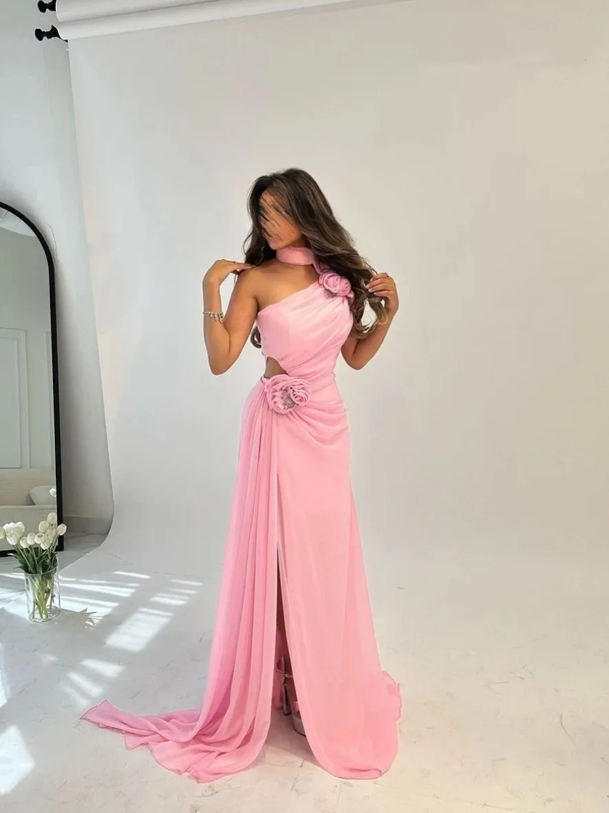 Vestido flora personalizado rosa frisado cristal 3d flores plissado sereia ocasião formal vestido de baile noite fenda lateral vestidos de festa