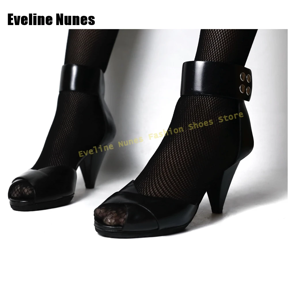 Black Peep Toe Spike Heels Pumps Women's Wide Ankle Cuff Heels for Retro Goth Metal Rivet Decoration Fashion Sandals Elegant