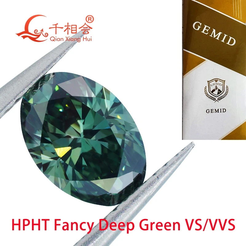 

HPHT diamond Fancy Dark Vivid Green 0.5ct to 1.3ct VS/VVS1 clarity oval shape GEMID certificated lab grown diamond loose stone